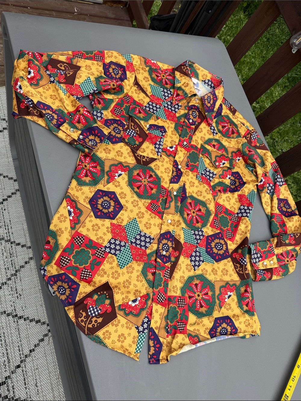 Vintage 1970s Lee Western pearl button Patchwork Floral Disco Shirt Retro 16½-35